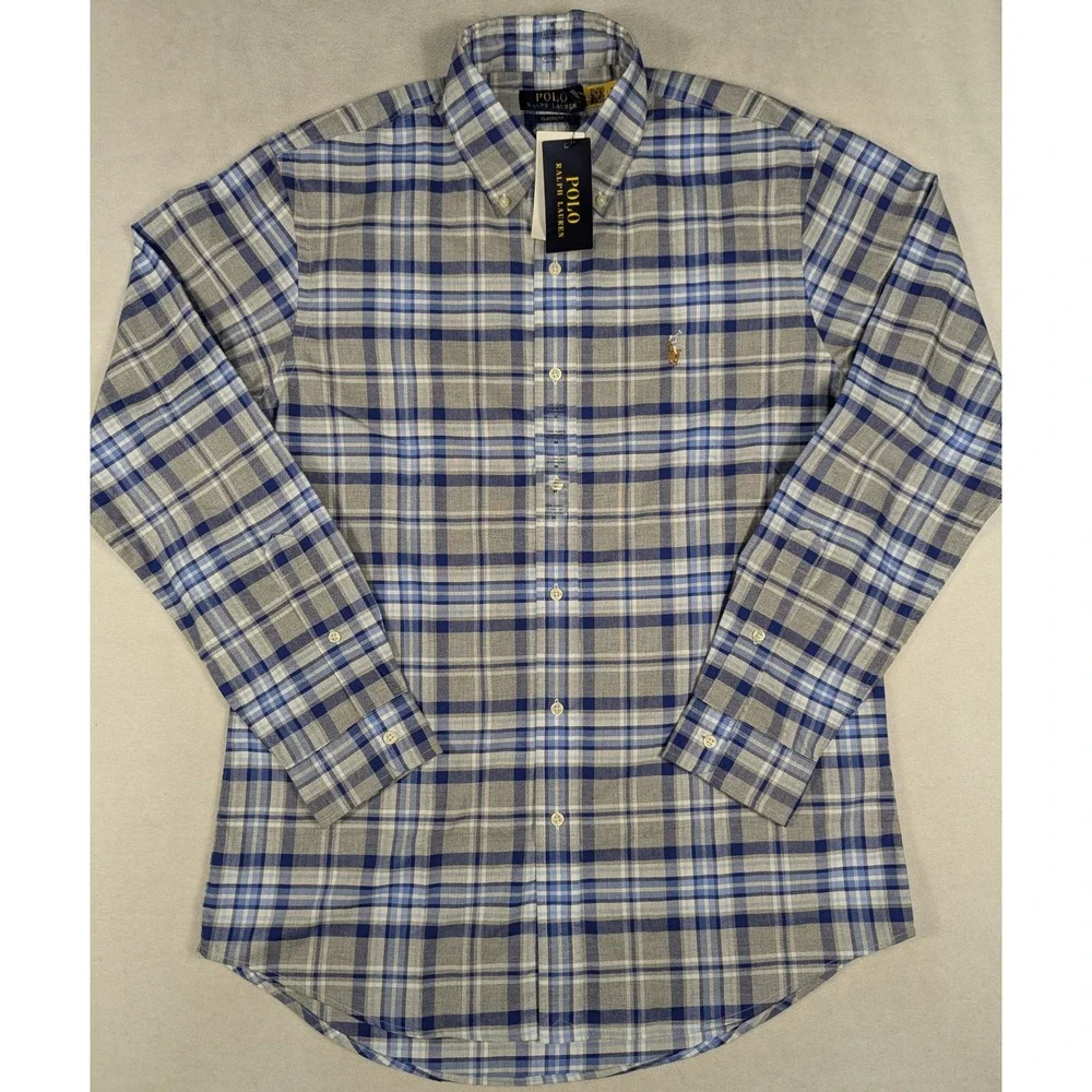 NEW Polo Ralph Lauren Mens Classic Fit Plaid Button Down Shirt Blue Grey Medium